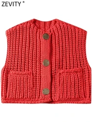 Zevity New Women Fashion Sleeveless Double Pockets Patch Knitting Short Vest Sweater Ladies Button Cardigan WaistCoat Tops CT578