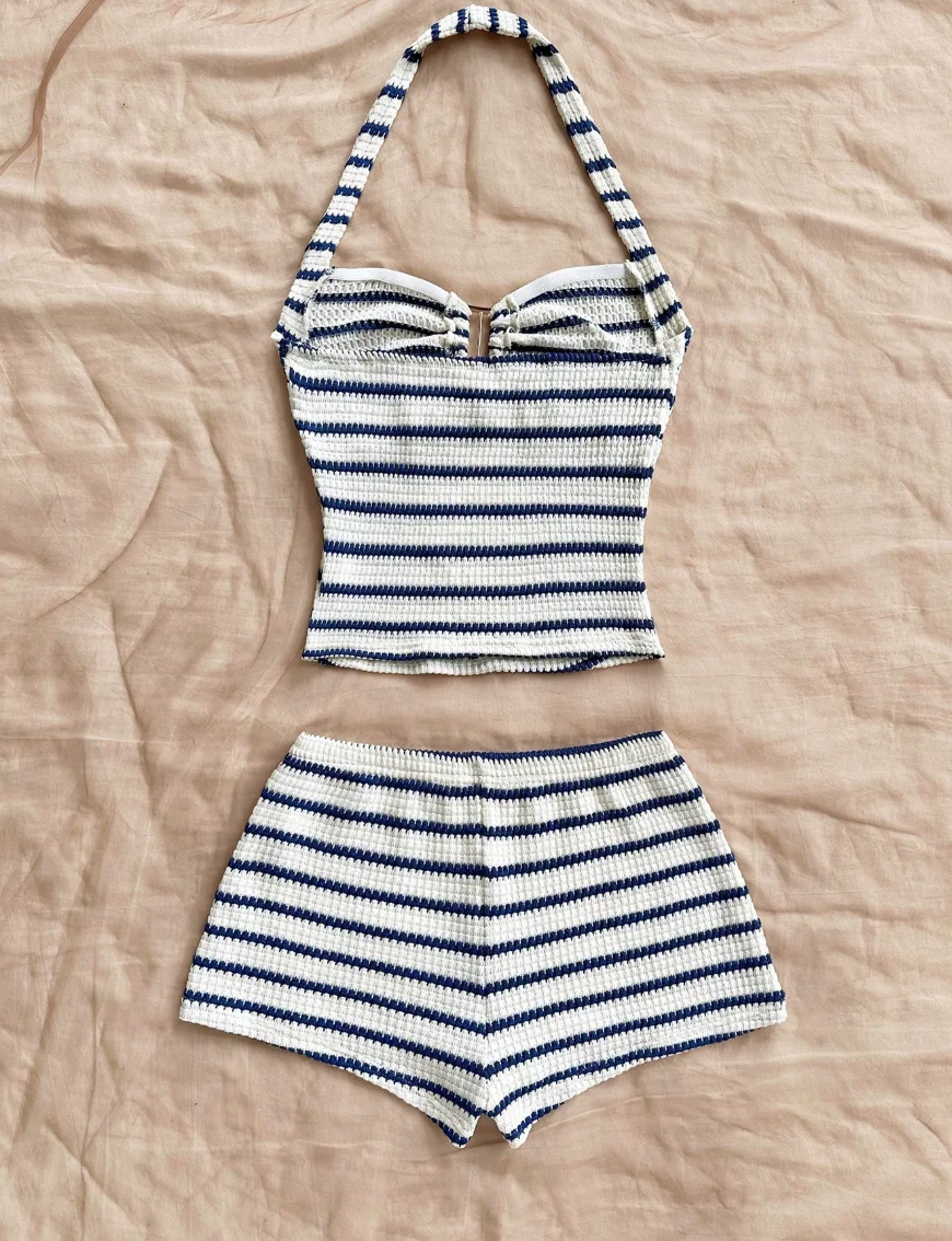 Summer Textured Knit Halter Top Shorts Two Piece Outfit, Classic Nautical Stripes Paired With Breathable Knit Fabric, Ideal For