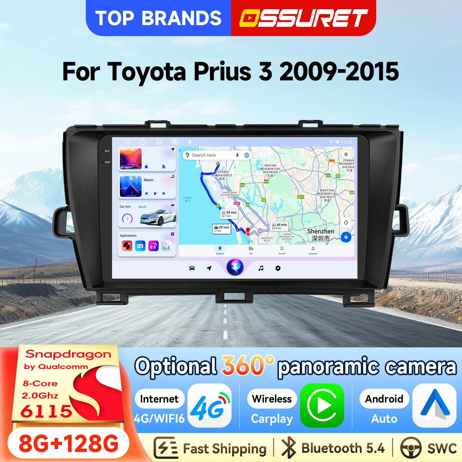 OSSURET Bestseller 9 Zoll 2 Din Android 14 Autoradio für Toyota Prius 3 2009-2015 Linkslenker mit Qualcomm Snapdragon 6115 Octa-Core GPS-Navigation Bluetooth SWC Carplay Android Auto Intelligenter