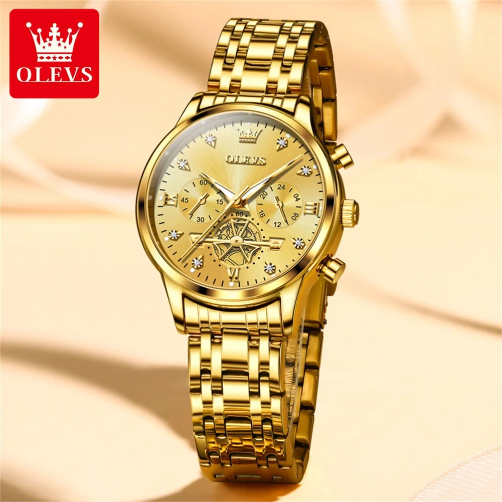 OLEVS-reloj de cuarzo con esqueleto de volante para mujer, cronógrafo de acero inoxidable, resistente al agua, luminoso, de lujo, de cuarzo