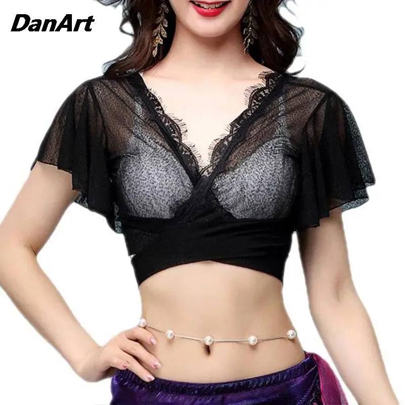 2024 Goddess Costume Elegant Lotus Leaf Sleeve Mysterious Black Sexy Lace Short Top Stages Performances Dance Practice Costume