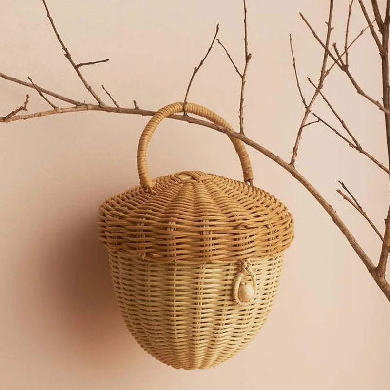 Mushroom Basket Bag Rattan Storage Wicker Kids Handbag Beach Straw Bags Ventilate Box Picnic Basket Hand Woven Storage Baskets