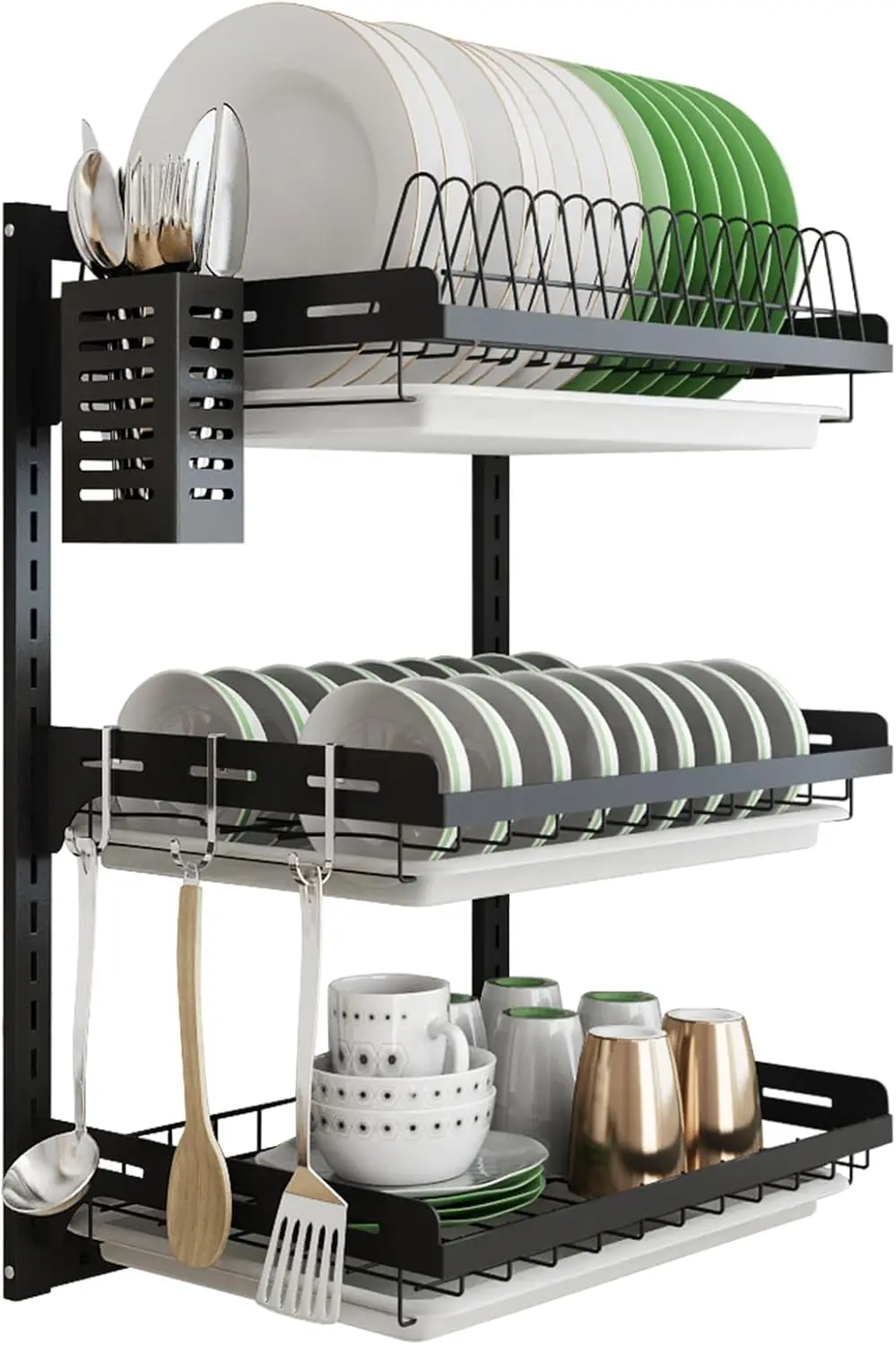 

Hanging Dish Drying Rack Wall Mount,Dish Racks Drainer,3 Tier Kitchen Plate Organizer Storage Shelf with Drain Tray with 3 Hooks