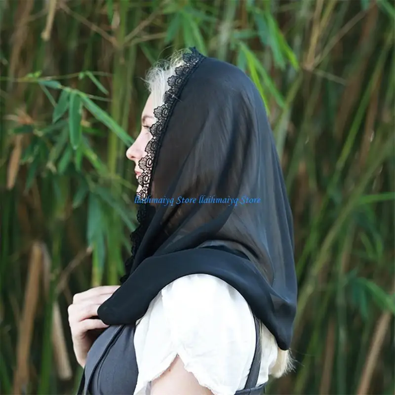 

573B Elegant Black Scarf Lace Embroidered Handkerchief Vintage Headscarf for Worship and Celebrations