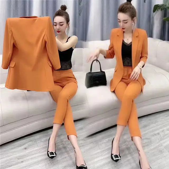 Korean Style Candy Color Elegant Women\'s Pants Suit Unlined Thin Jacket Pencil Pants Two Piece Office Casual Outfits