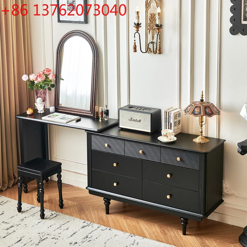 

French antique dresser, black retro chest, integrated rotatable makeup table