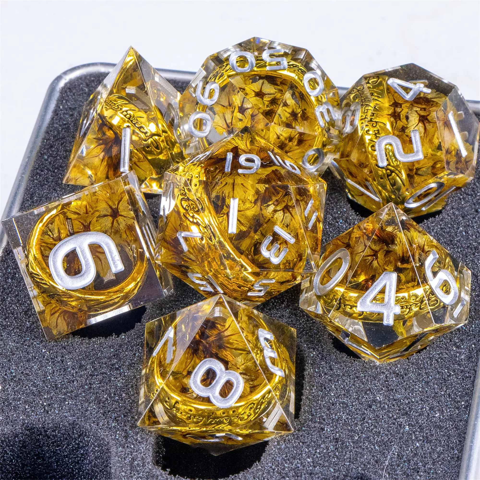 Embedded Golden Ring Sharp Edge Resin Dice Set | Hand Cast Polyhedral Dice, D&D TTRPG Dice for Dungeons and Dragons
