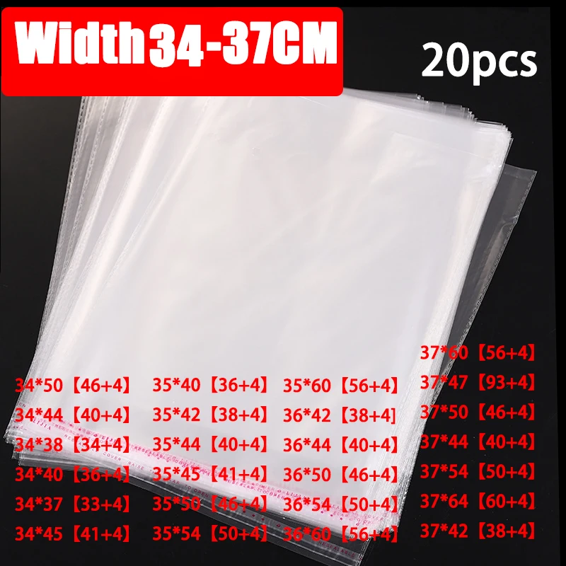 20pcs Width 34-37cm Clear Apparel Bags Self Seal Plastic Bags Wedding Party Opp Gift Bag Adhesive Bags for T-Shirt and Clothes