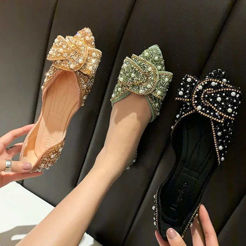 Flat bottomed single shoes for women, spring/summer 2024 new retro pointed soft soled butterfly bow rhinestone scoop shoes