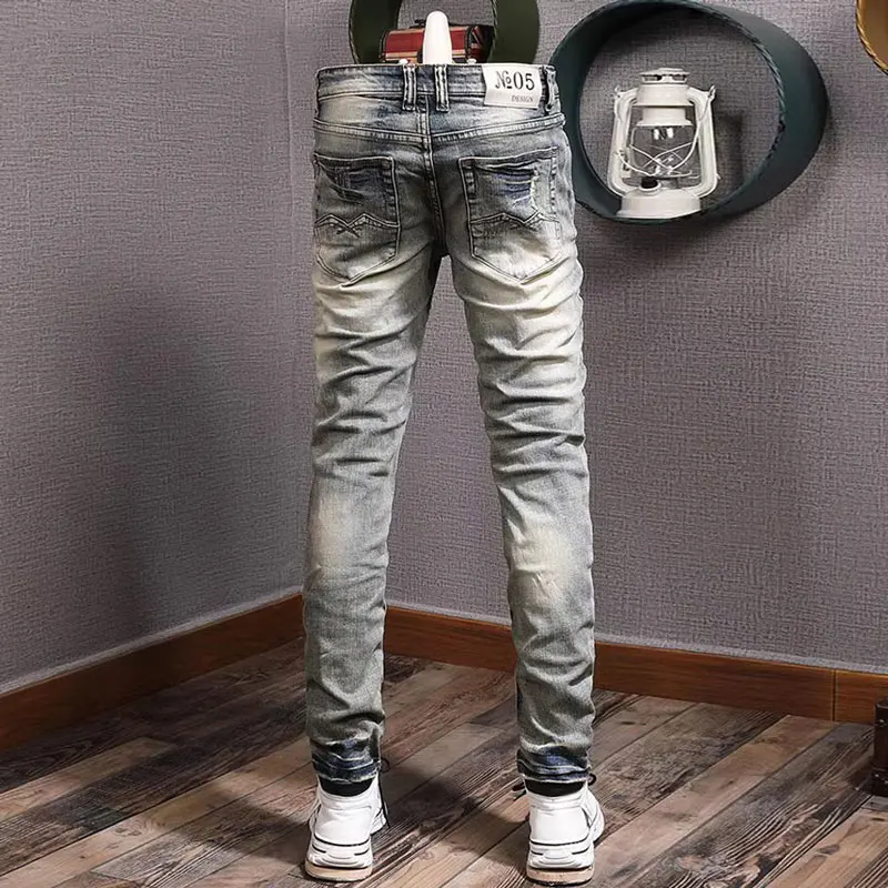Fashion Designer Men Jeans Retro Washed Elastic Slim Fit Ripped Jeans Men Casual Stretch Trousers Vintage Denim Pants Hombre