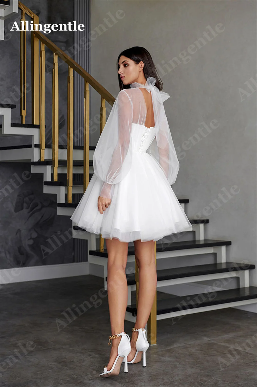 Allingentle Tulle Long Sleeves Homecoming Dresses for Party 2024 Short Wedding Gowns Fairy A-Line Lace-up Back Civil Mini Dress