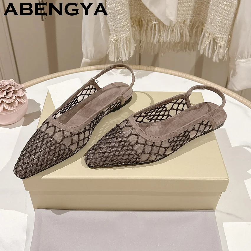 Lace Mesh Pointy Toe Low Heels Flat Sandals for Women Kitten Heel Designer Sandals Summer Fashion Week Dress Party Shoes Mujer
