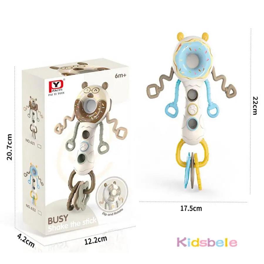 Martillo de arena Montessori para bebé, juguete mordedor sensorial, sonajero para recién nacido, dibujos animados 5 en 1, juguete de desarrollo para bebé, palo ocupado con manivela