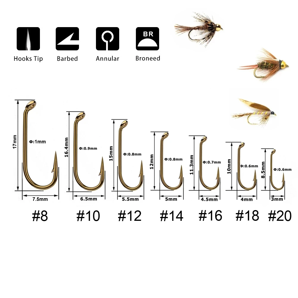 ICERIO 100PCS Fly Fishing Wet Fly Nymphs and Streamers Hook. Down eye. 2X Long. Model Perfect Bend, Bronze. Fly Tying Material