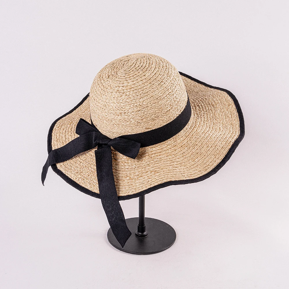 100% Raffia Straw Waved Brim Sun Hat Women Summer Straw Hat Floppy Straw Hat