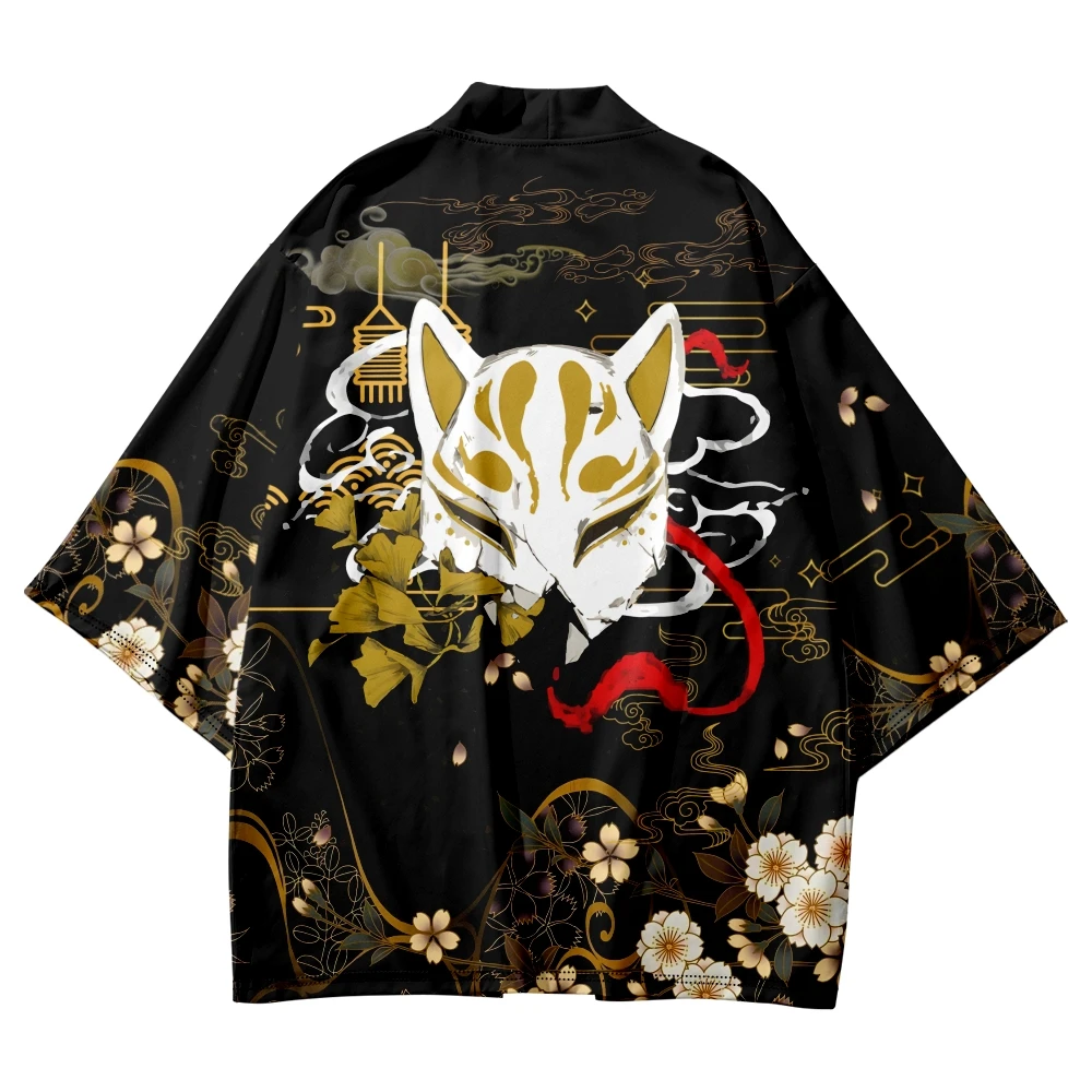 Japanese Inari God Fox Print Black and Red Kimono Cardigan Cosplay Shirt Blouse for Women Men Yukata Beach Haori Traditional Top