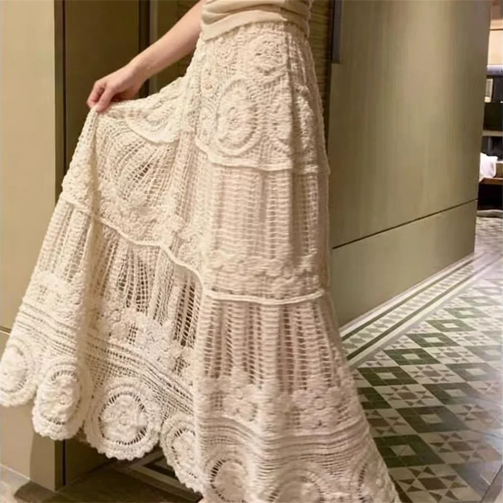 2026 Korean Fashion Long Skirt Summer Style Vintage Women's Lace Hollow Out A-line Skirt Loose Mid-length Skirt Crocreted Clothe
