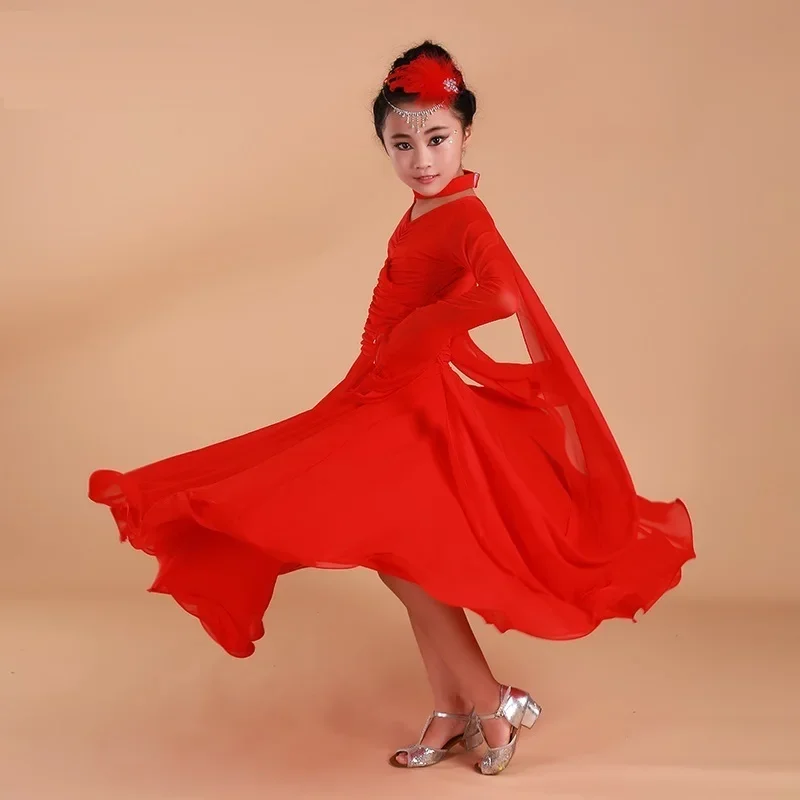 Filles enfant à manches longues Tango Rumba Samba Flamenco valse danse compétition robe Dancewear enfants Standard robe de danse de salon