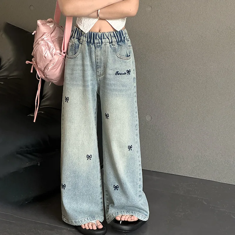 Girls Wide-Leg Jeans Bow Design Trendy Straight Denim Pants for Kids Stylish 2026 Spring/Autumn Casual Wear Trousers 10 12 Years