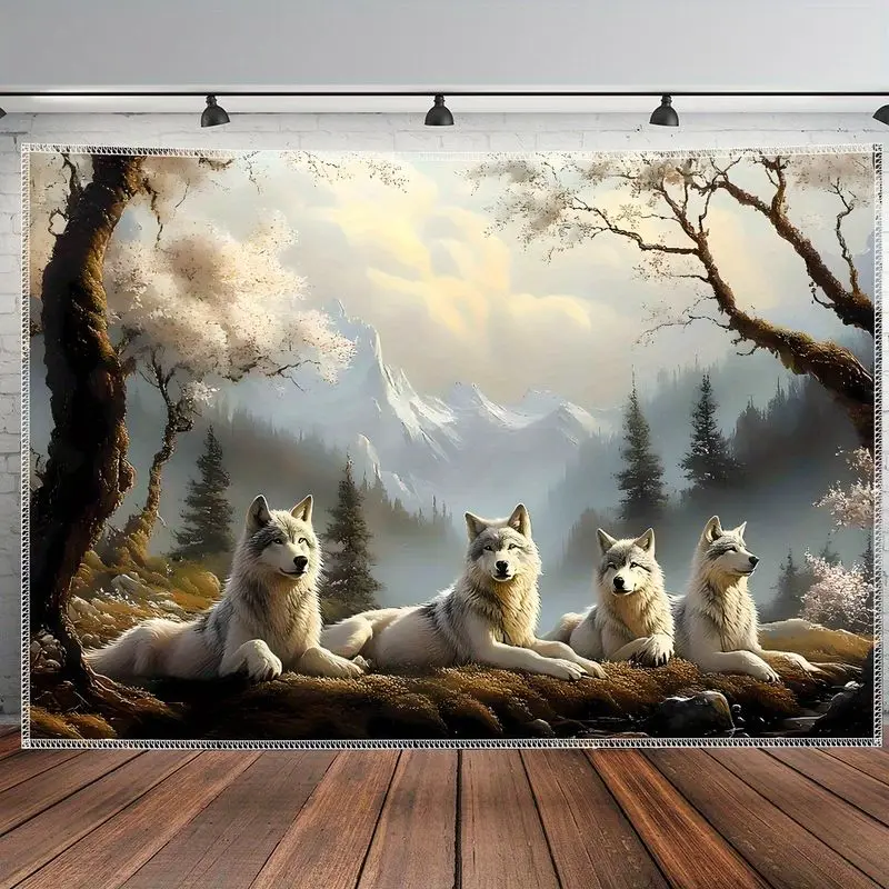 VIKAMA Artistic Snow Mountain Forest Grey Wolf Natural Oil Painting Tapestry, Rustic Wall Art for Bedroom Living Room