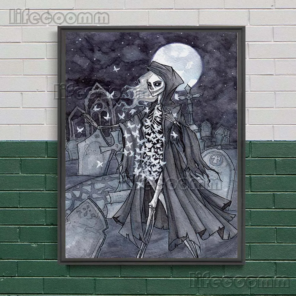 مصاص دماء التوائم مجردة القوطية ملصق فني ومطبوعات مقبرة العروس ، الهلال الساحرة الرسم على لوحات القماش الجدارية ديكور المنزل غير المؤطرة #2