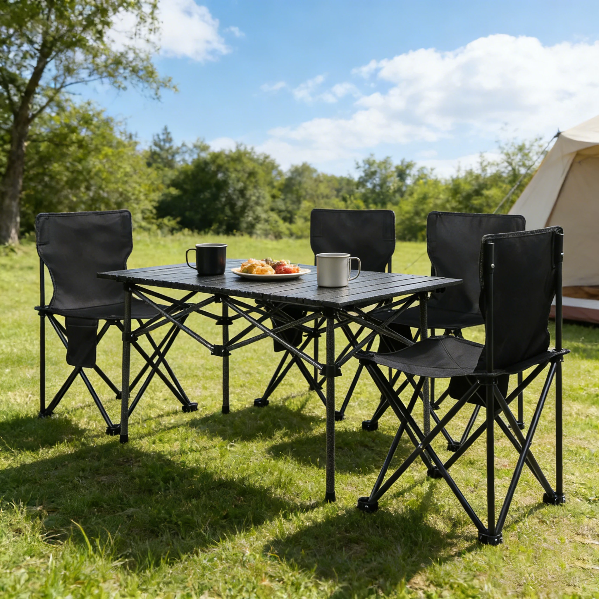 Set Pieghevole con 4 Sedie e 1 Tavolo, Set da Pesca BBQ Escursionismo con Ampio Organizer e Borsa per il Trasporto
