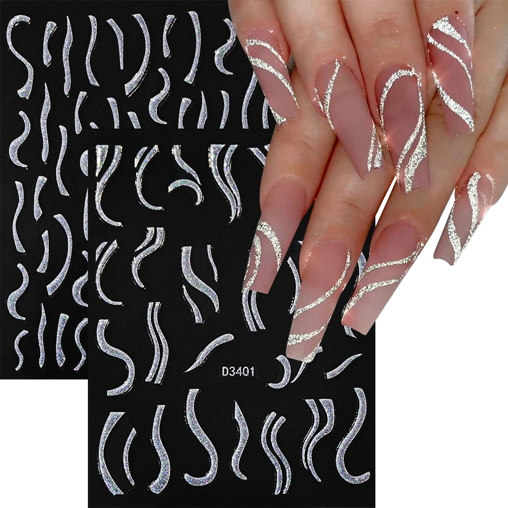 3D Shiny Glitter Nail Stickers Reflective Sparkly Wave Lines French Nails Sticker Gold Silver Red Winter Manicure Sliders Decals