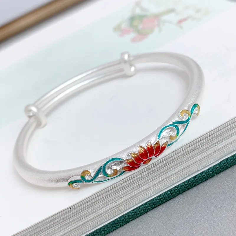 Chinese Style Pure Silver 999 Enamel Colorful Lotus Bracelet Adjustable Ethnic Handmade Flower Bangle Jewelry for Women Girls