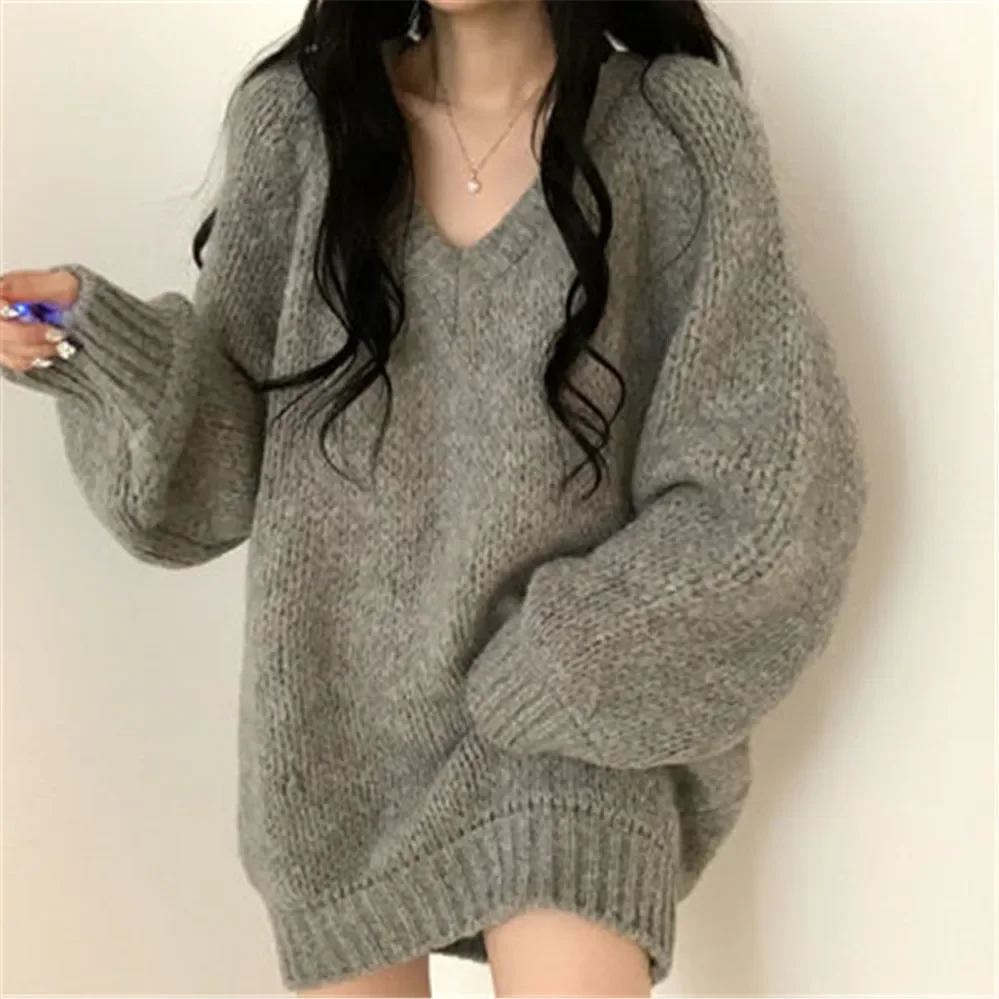 Mulheres pulôveres com decote em v branco cinza moda manga longa topo simples solto oversize feminino outono suéteres de malha coreano elegante