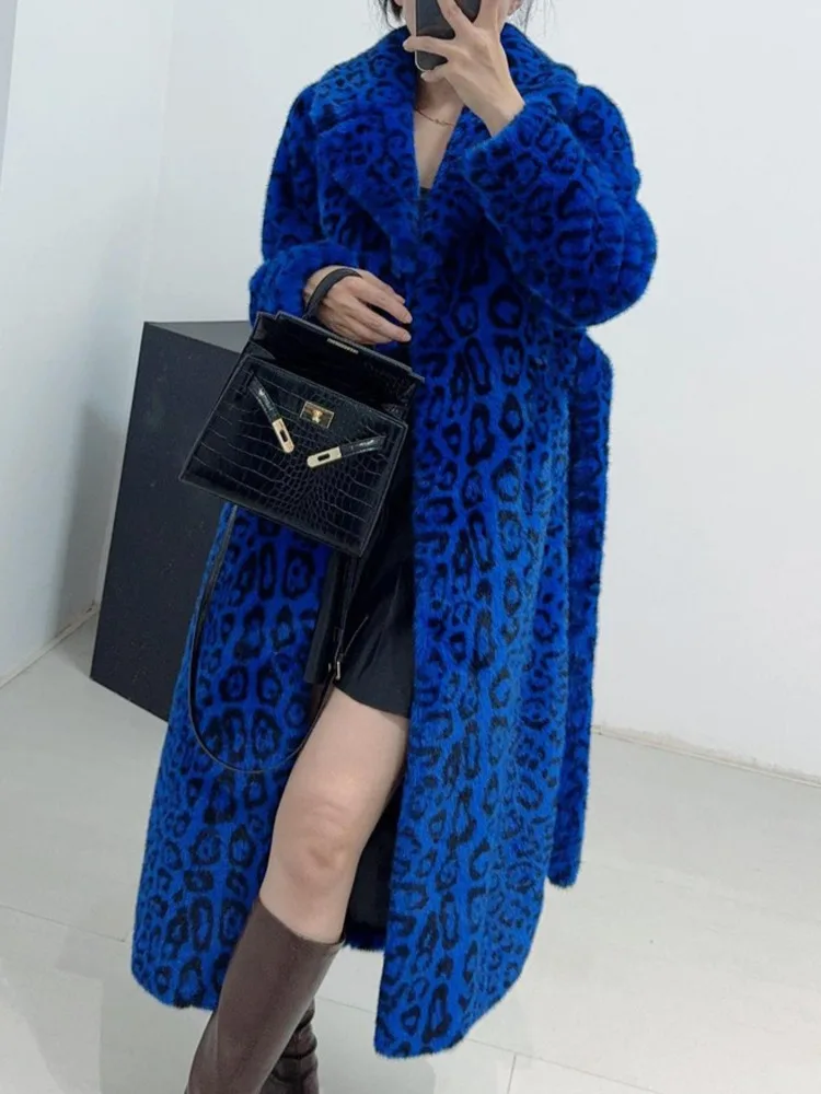 UCXQ Fashion Faux Fur Coat European Style Single Breasted Belt Leopard Loose All Match Long Jacket Women 2024 Autumn Winter 1685