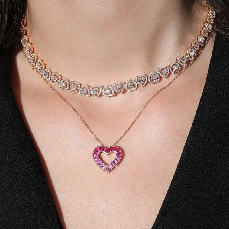 Iced Out Bling Wedding Gift Jewelry For Women High Quality 5A Cubic Zirconia CZ Heart Cluster Tennis Chain Choker Necklace