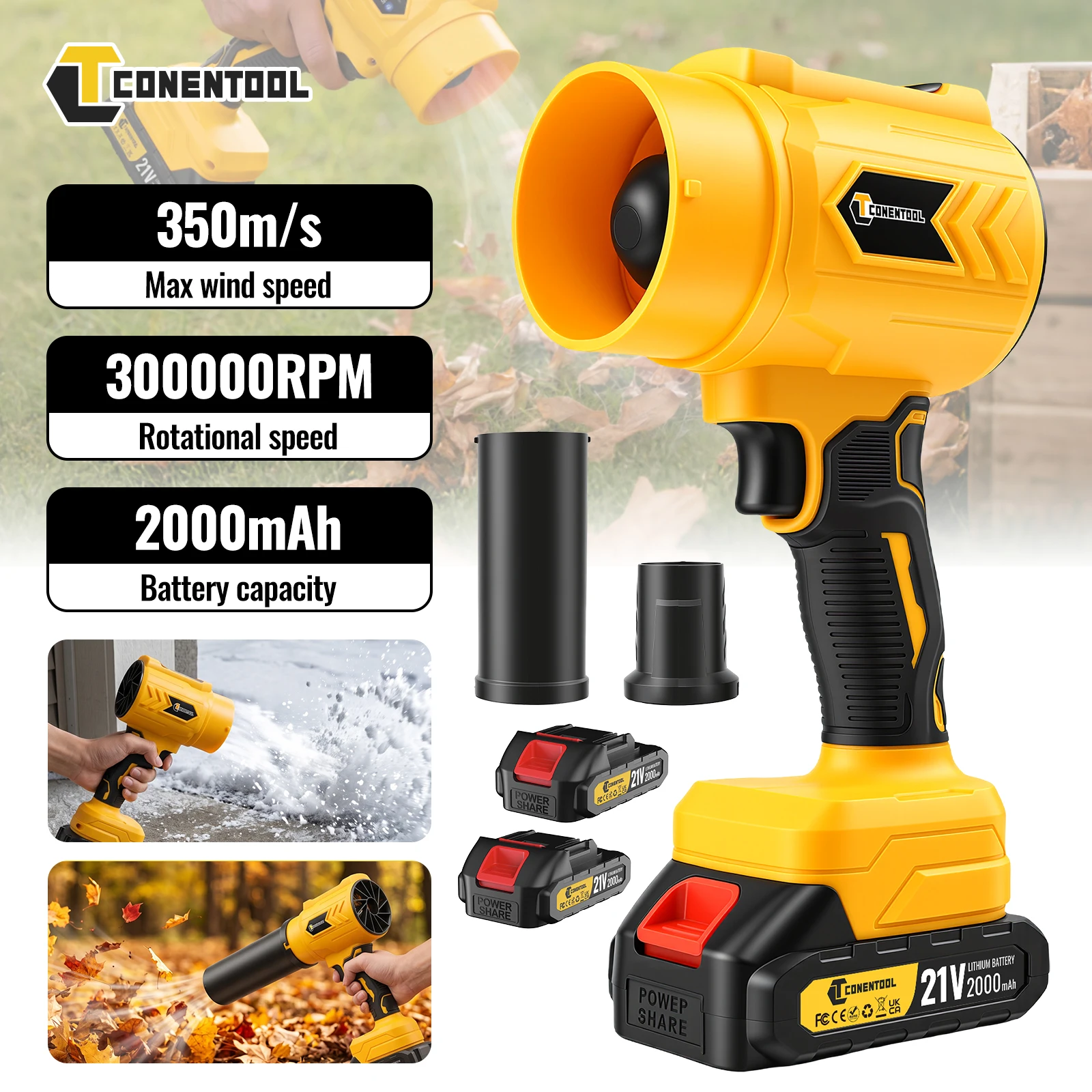 CONENTOOL 21V Soffiatore di foglie portatile senza fili 3000W 300000RPM Soffiatore d'aria elettrico 2 batterie da 4000mAh Velocità variabile per campeggio, escursioni e uso all'aperto