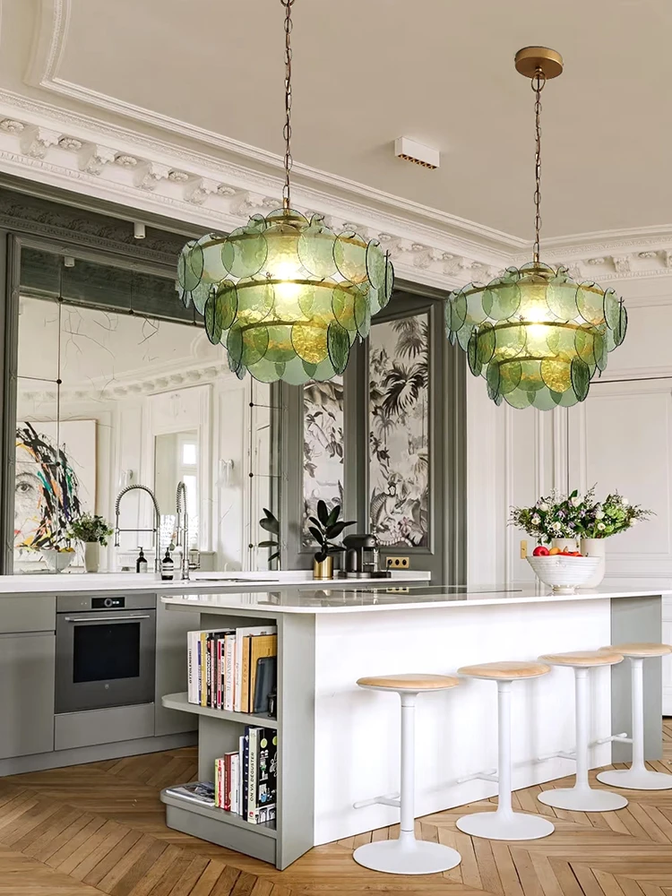 Green Amber Handmade Glass Chandelier Home Vintage Ceiling Decoration Hanging Lamps For Ceiling Dining Room Lustre Country Style