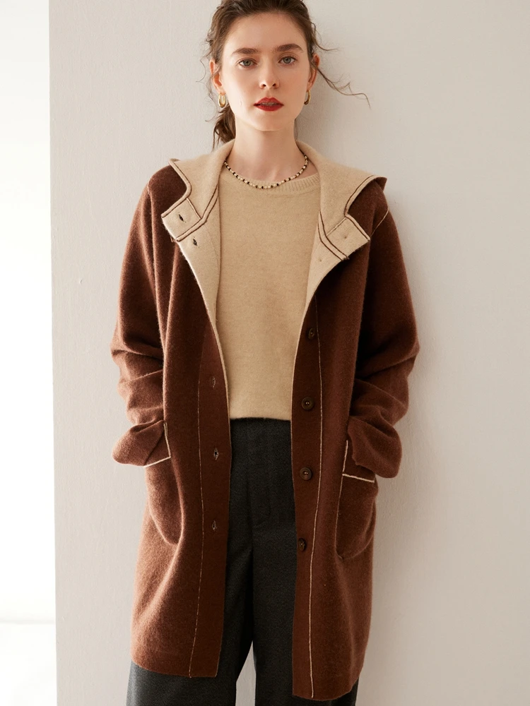 Aliselect Women Hooded Long Cardigan Autumn Winter Casual Cashmere Sweater 100% Cashmere Knitwear Soft Comfort Thick Coat Tops