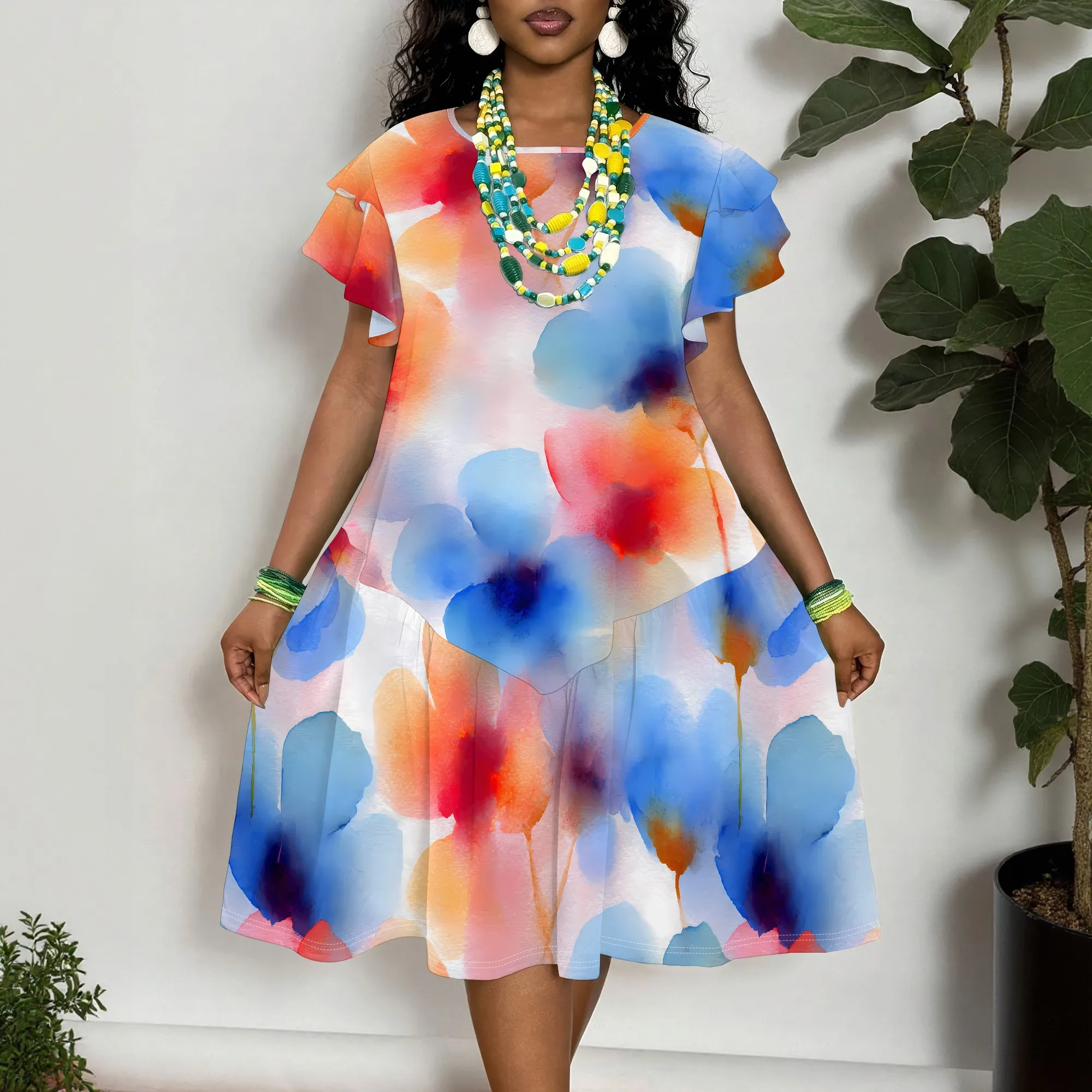 Women's Watercolor Floral Print Short Sleeve Dress XL-6XL Loose Fit Summer Casual A-Line Swing Dress