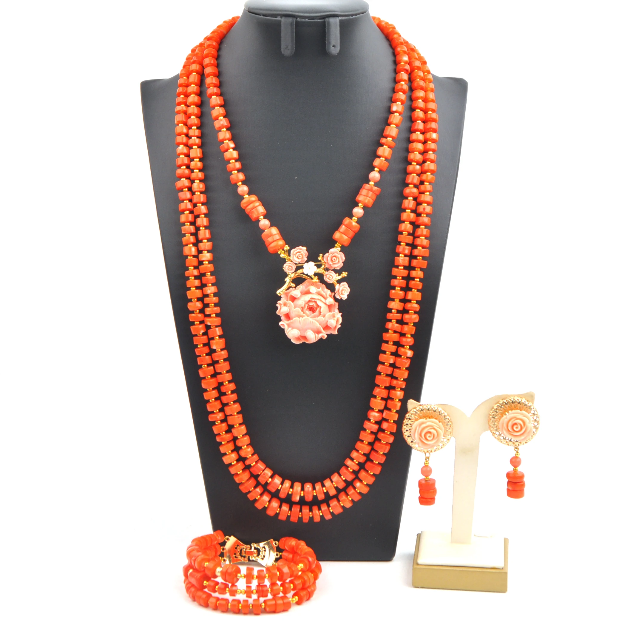 

Fashion African Jewelry Set Orange Nigerian Coral Beads Wedding Necklace