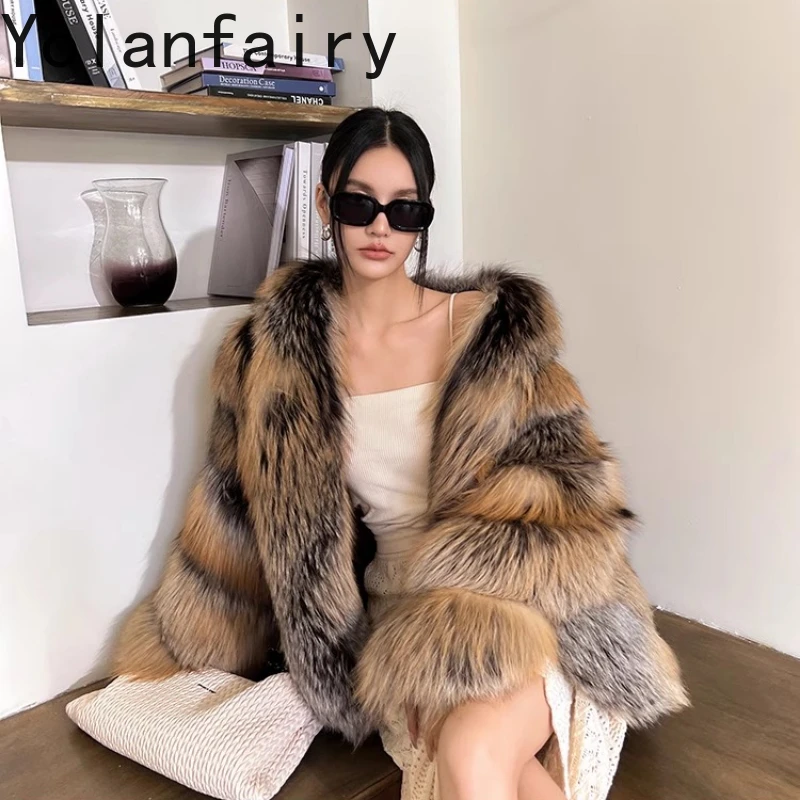 YOLANFAIRY whole skin real fox fur coat woman luxury winter thicken warmth long sleeve stand collar original fox fur coats 2025