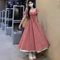Elegant Plaid Midi Dress Woman French Style Short Sleeve Dress Even Party Casual Fashion Dress Lace Design 2023 Summer Chic