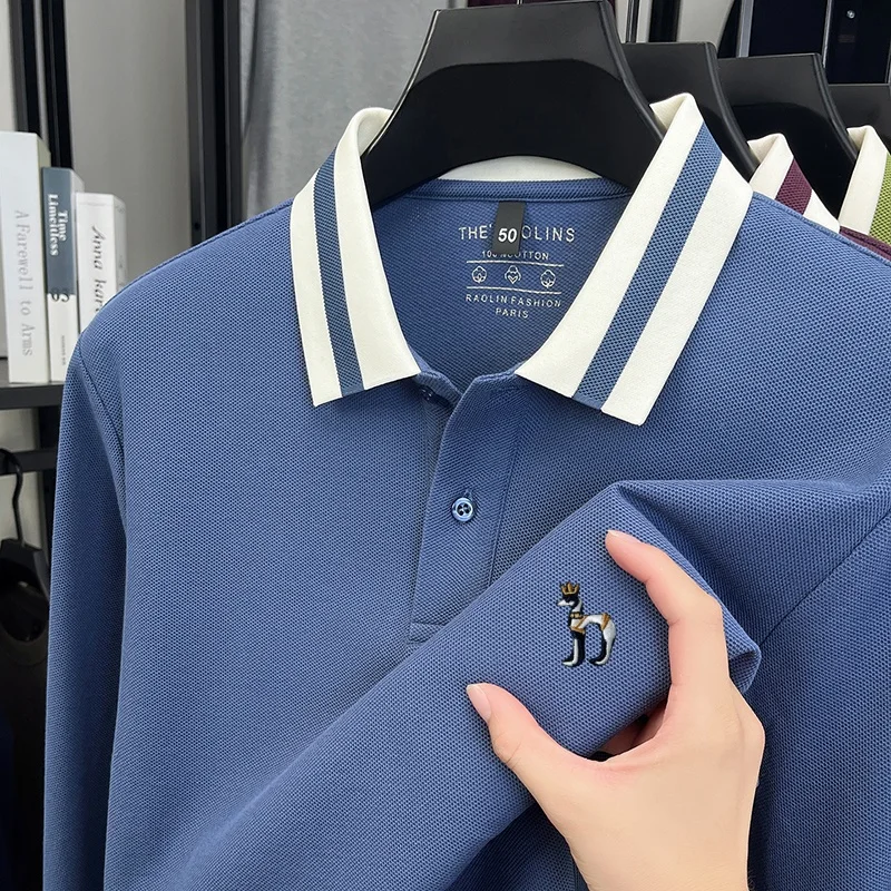 

Мужская футболка-поло класса люкс из 100% хлопка с новым дизайнерским воротником и вышивкой собаки, модная, с длинным рукавом, для делового повседневного стиля