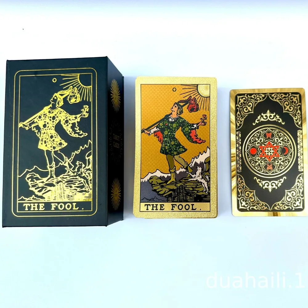 Zwart goud Hexagram Rider goudfolie Tarot Deck – 78 stuks waterdichte krasbestendige tarotkaarten in stijve geschenkdoos 12 * 7 cm