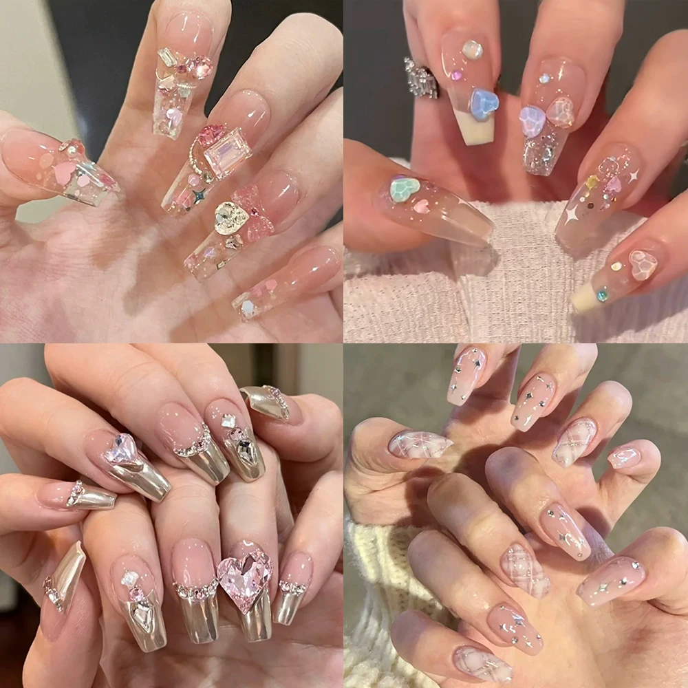 

Gentle Elegant Long Coffin Handmade Press On Nail Sweet 3D Colorful Rhinestone Hand Painted Design Detachable Nail Party Sticker