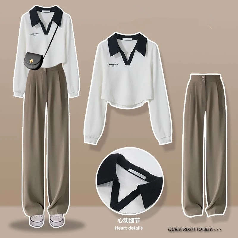 Women Spring Autumn Preppy Style Polo T Shirts Korean Lady Casual Letter Tops Wide Leg Pants Two Piece Set 2023 Outfits Female