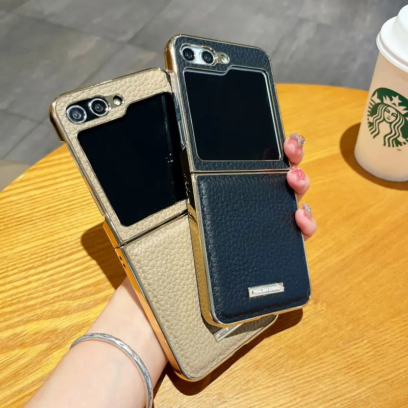 Luxury Leather Electroplated Hard PC Back Cover Case for Samsung Galaxy Z Flip 5 4 3