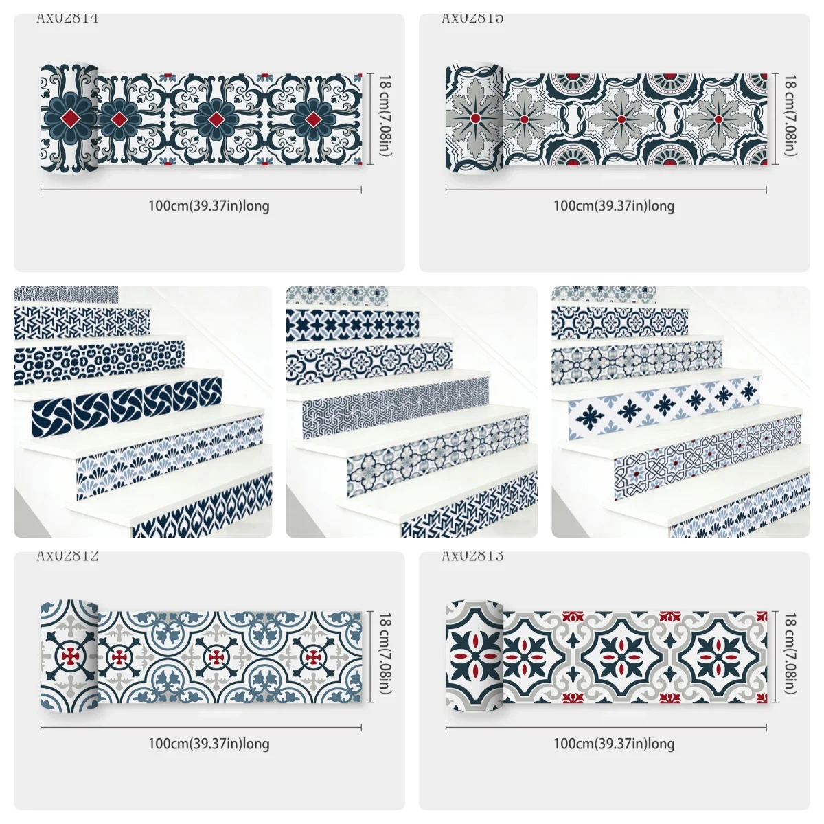 Vintage Blue White Floral Tile Stair Riser Sticker Waterproof Self-Adhesive Decal for Home Staircase Bathroom Aesthetics Decor