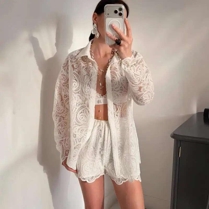 

Летний белый кружевной комплект из 2 предметов: рубашка и шорты, женский модный повседневный кардиган, дышащая тонкая куртка, удобный комплект из 2 предметов