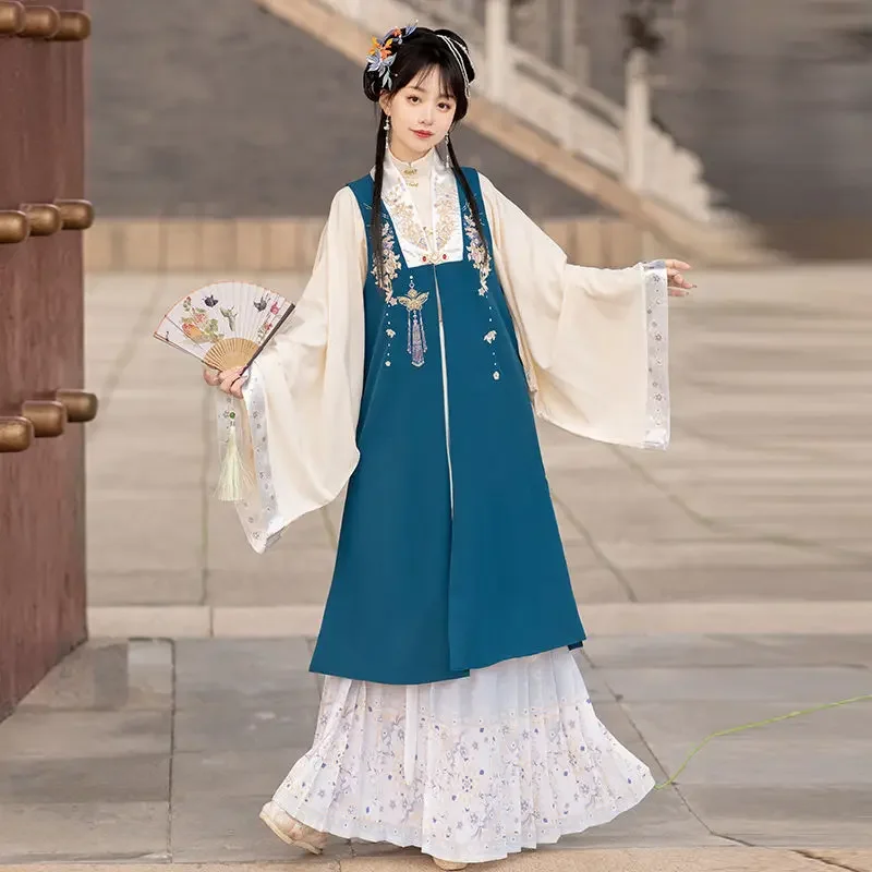 

Зеленая одежда [Юнцзи] Женская двухбортная длинная рубашка Hanfu с вышивкой и воротником-стойкой, стослойная юбка
