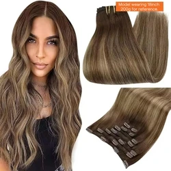 Extensiones de cabello humano con brillo completo, extensiones de cabello humano con Clip, 7 Uds., 105G, extensiones de cabello de doble trama, cabello humano para mujer