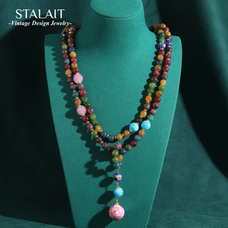 

Vintage Colorful Pink Beads Long Layered Necklace for Women Handmade Natural Stone Pendant for Party Accessory Chains Boho 2024