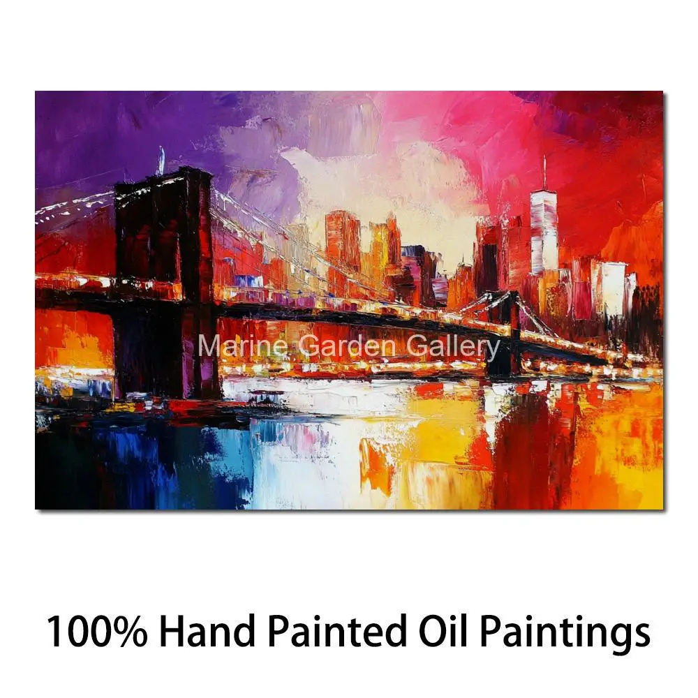 Brooklyn Bridge Canvas Wall Art Oil Painting Abstract Handmade Skyline Landscape Textured Artwork Hotel Office Modern Decor