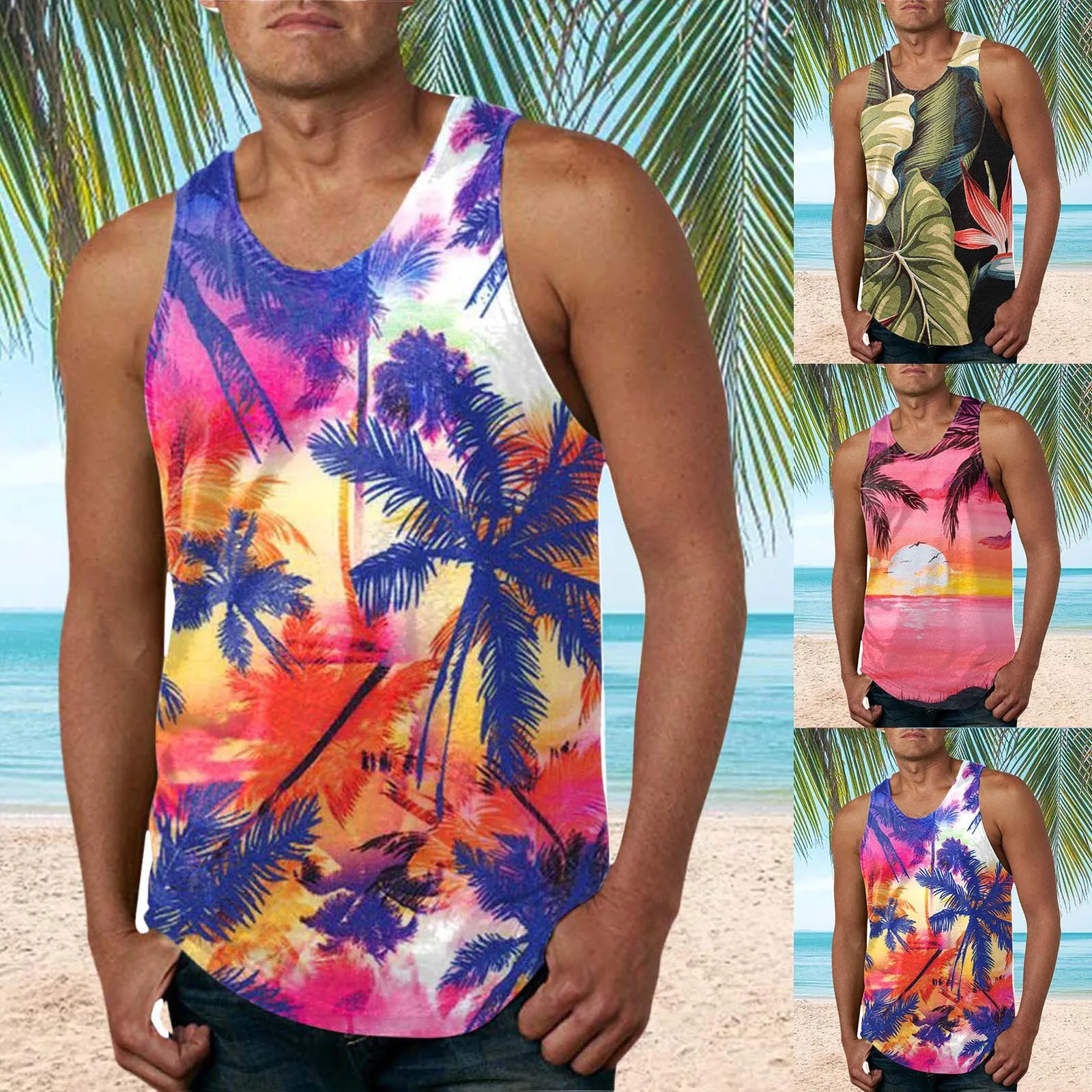 Sunset 3d Tank Tops Male Leisure Seaside Vest Print Coconut Tree Streetwear Large Size Habiliment Men Spring Sleeveless Shirt